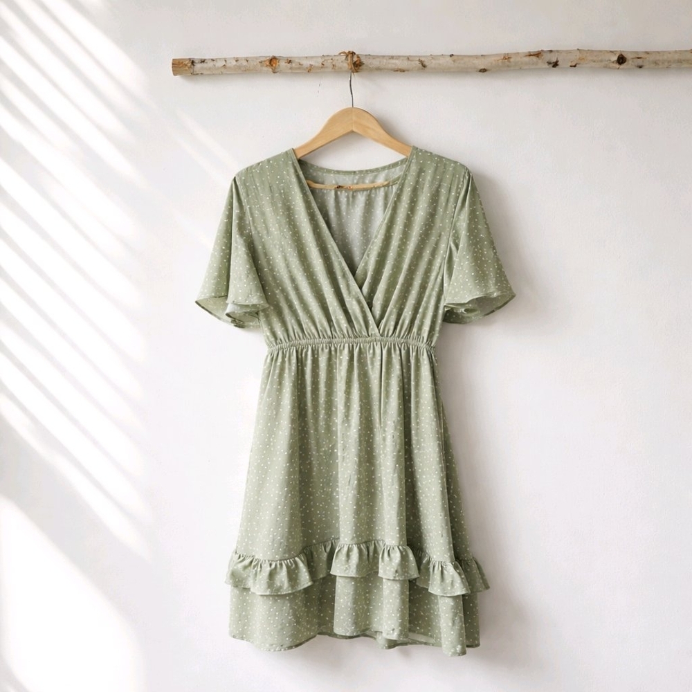 Elegant Green Polka Dot Dress Size L